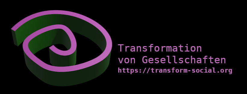Logo. Dreidimensionale unregelmäßige Spirale in Lila und Grün, die sich nach links dreht. Text: Transformation von Gesellschaften.