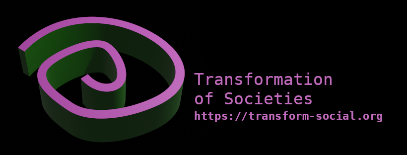 Logo. Three-dimensional irregular spiral in purple and green, turning leftwards. Text: Transformation of societies.