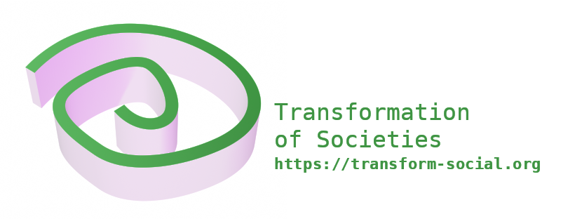 Logo. Three-dimensional irregular spiral in purple and green, turning leftwards. Text: Transformation of societies.