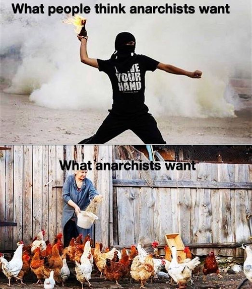 Meme zur Misskonzeption über Anarchist\*innen: Oft werden sie als gewalttätige Chaoten dargestellt. In Wirklichkeit wollen viele eher ein ruhiges selbstbestimmtes Leben.