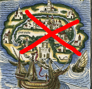 Durchgestrichene alte Karte einer Insel mit Entdeckerschiff